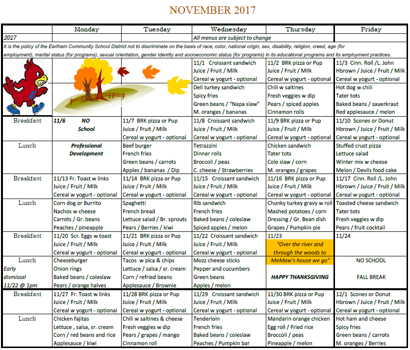 November Lunch Menu Earlham Community Schools